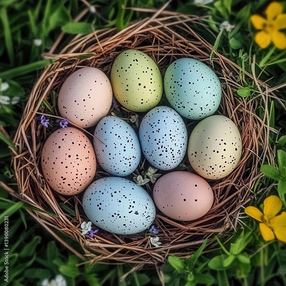 A close-up view of a nest containing six colorful eggs, symbolizing Easter and new beginnings. A close-up view of a nest containing six colorful eggs, symbolizing Easter and new beginnings.