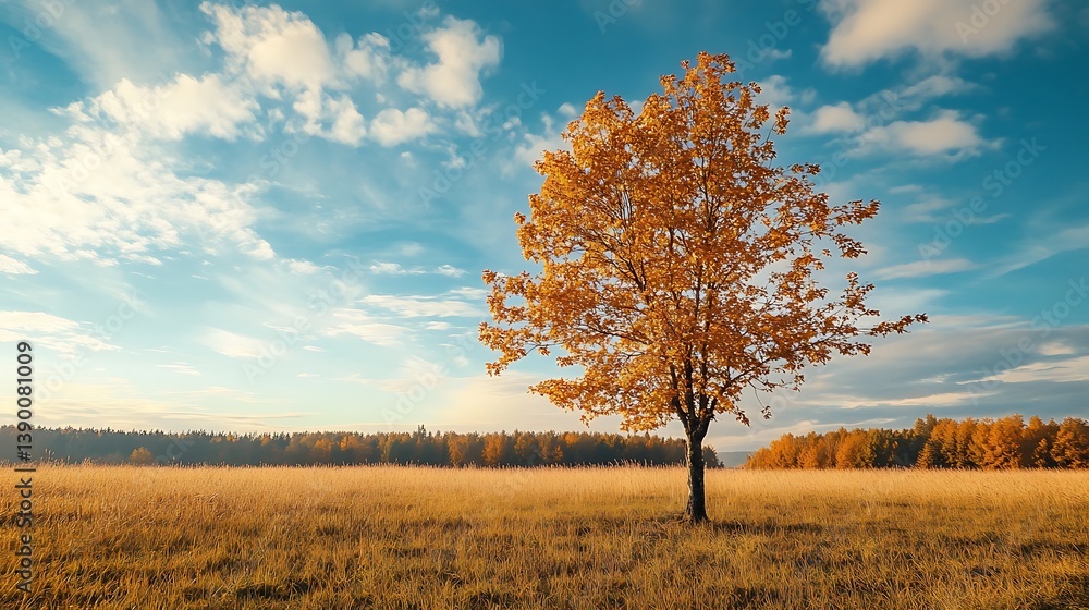 Fototapeta premium Solitary autumn tree in golden field.