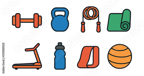 Icon set of fitness equipment in colorful flat style