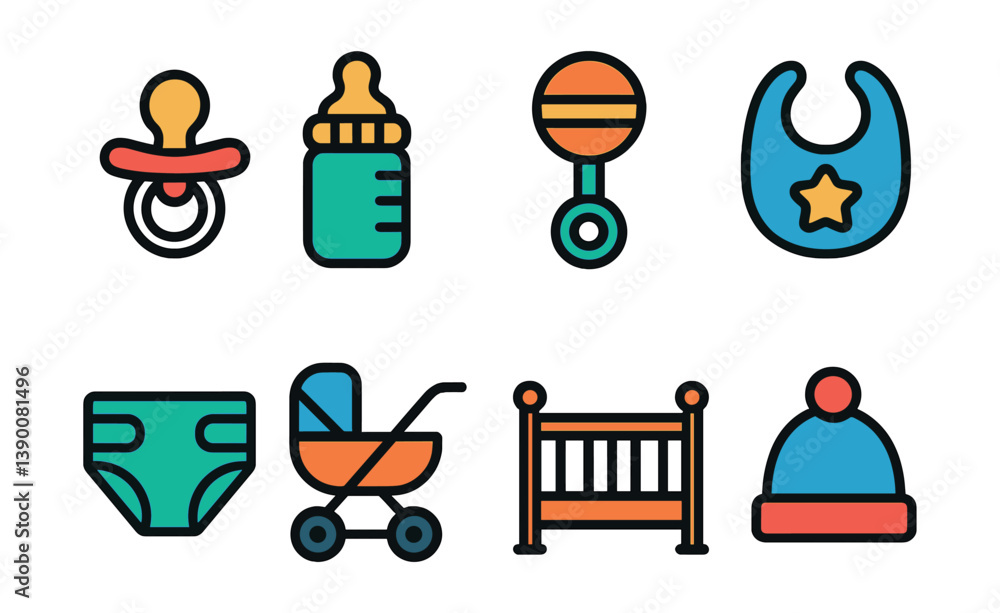 Colorful baby essentials icons set - flat style for childcare and nursery items collection