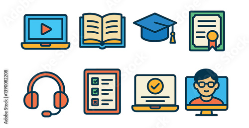 Online education icons set: linear style for e-learning and remote study