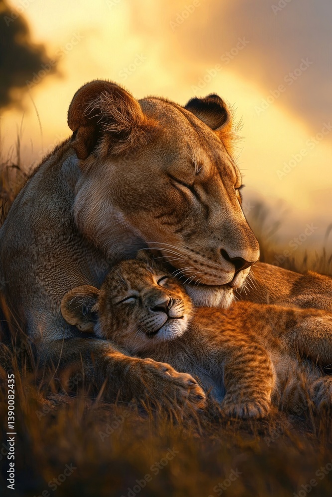 Naklejka premium Lioness and cub resting in golden hour light