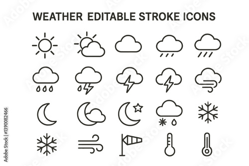 Vector icons illustrating various weather conditions including sun, clouds, rain, snow, and wind for use in applications and design projects