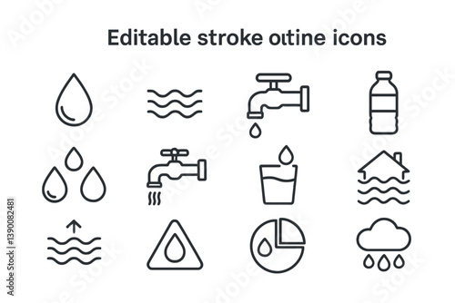 Water-related line vector icons showcasing various elements such as drops, taps, bottles, and waves used for design and illustration purposes