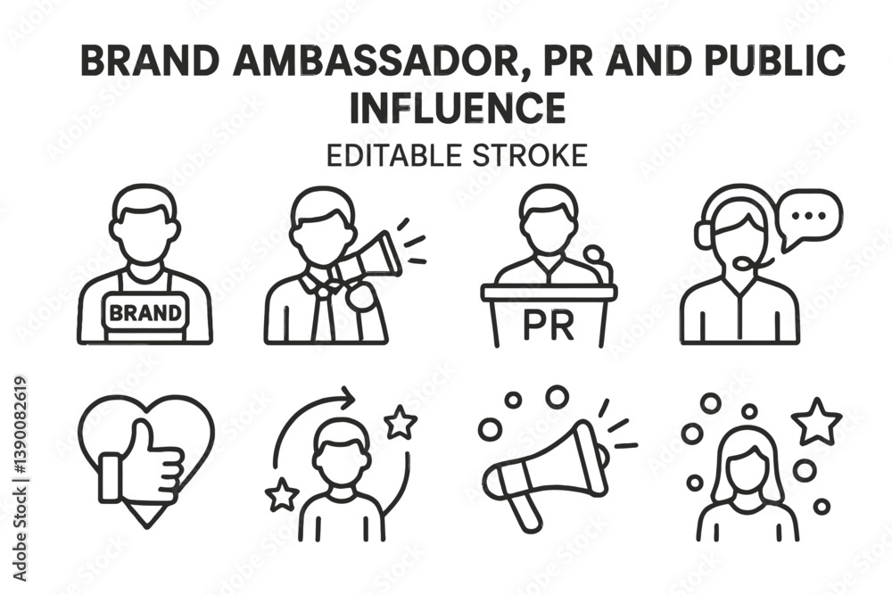 Vector icons representing brand ambassador, public relations, and influence roles in modern marketing Vector icons representing brand ambassador, public relations, and influence roles in modern marketing