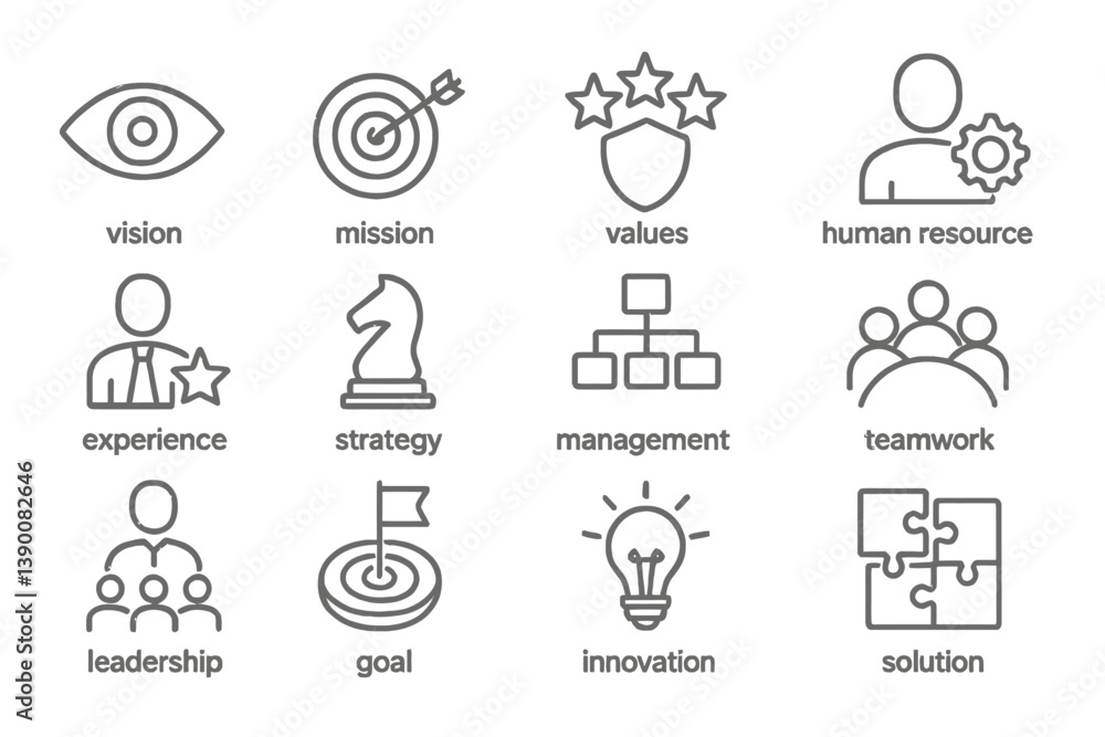 Vector icons representing key concepts in business such as vision, mission, values, and teamwork for effective management strategies Vector icons representing key concepts in business such as vision, mission, values, and teamwork for effective management strategies