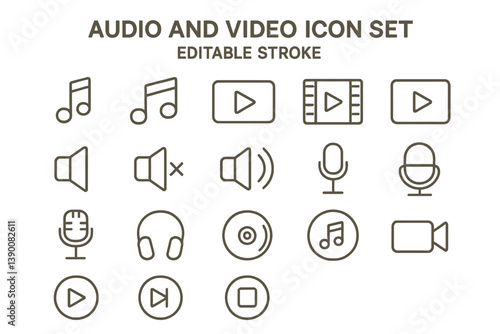 Collection of line vector icons representing audio and video elements with editable stroke style for design projects and digital use
