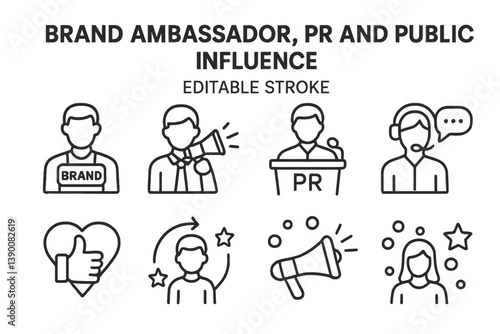 Vector icons representing brand ambassador, public relations, and influence roles in modern marketing