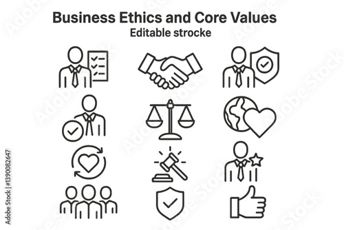 Business ethics symbols and core values in easy-to-edit vector line art for professional use