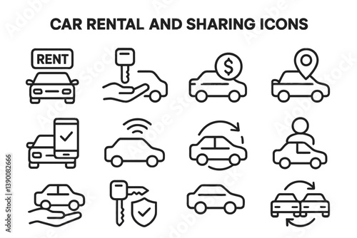 Car rental and sharing line vector icons illustrating various services and functions related to vehicle rentals and transactions