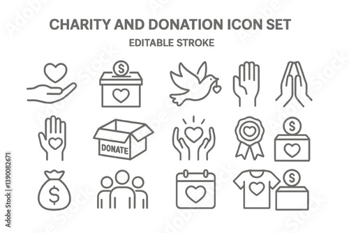 Charity and donation vector icon set depicting various symbols of support and generosity for community aid initiatives
