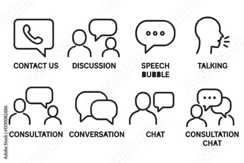 Vector icons depicting communication concepts for business and social interactions including talking, discussion, and consultation activities