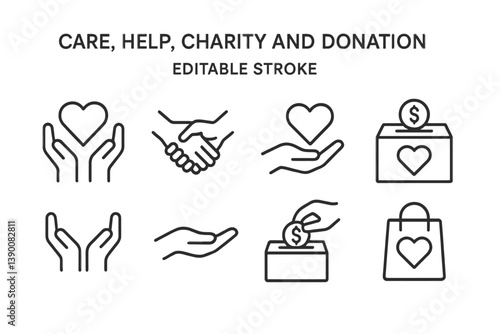 Hand-drawn vector icons representing care, help, charity, and donation activities and concepts in community engagement