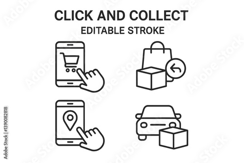 Interactive line vector icons depicting click and collect shopping process with mobile, shopping bag, and car