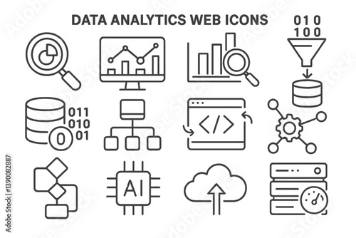 Data analytics web icons illustrating various analytical tools and processes for effective data management and visualization