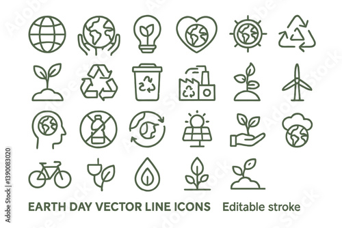 Earth Day vector line icons collection featuring eco-friendly themes and sustainability symbols