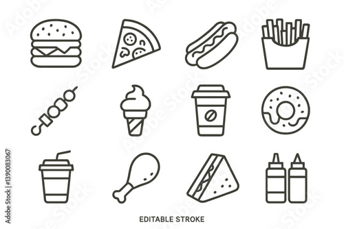 Food and beverage vector icons showcasing popular snacks and drinks in a minimalistic design for culinary applications