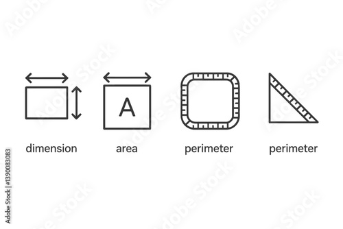 Understanding basic geometric concepts of dimension, area, and perimeter with line vector icons for educational purposes