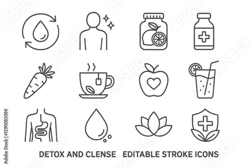 Health and wellness icons representing detox and cleanse concepts with editable stroke designs for various uses