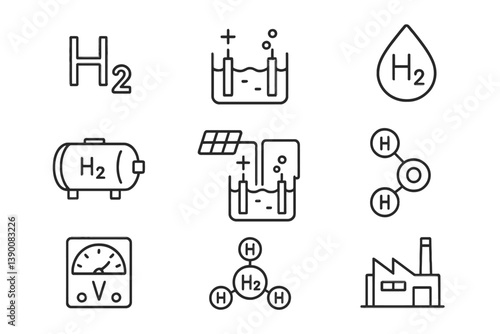 Hydrogen technology and applications represented by line vector icons showcasing various uses and energy solutions