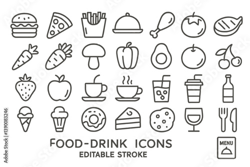 Collection of food and drink icons featuring various items including burgers, pizza, and beverages in line vector style suitable for design projects