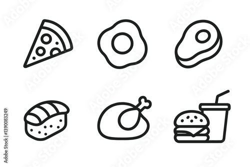 Delicious assortment of food vector icons featuring pizza, eggs, avocado, sushi, chicken, and burger in a minimalist style