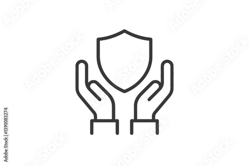 Hands supporting a shield symbol in a line vector design, representing protection and security concepts in modern graphics