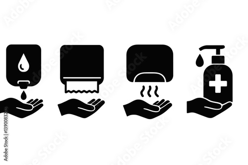 Hand hygiene vector icons demonstrating various steps for proper hand washing and sanitizing in a healthcare setting