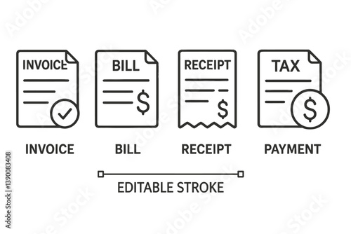 Financial document line vector icons representing invoice, bill, receipt, tax, and payment in minimalistic style