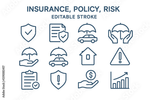Vector icons representing insurance concepts including policy, risk, and protection symbols designed for easy editing