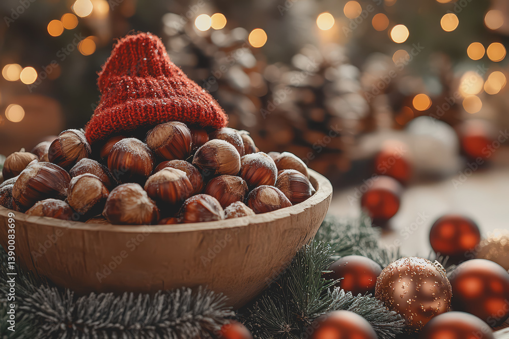 Christmas hats sit atop a bowl of roasted winter chestnuts and holiday decorations. Christmas hats sit atop a bowl of roasted winter chestnuts and holiday decorations.