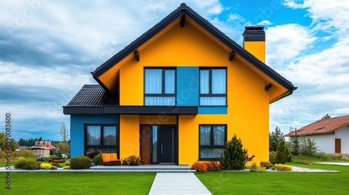 A modern colorful house with blue and yellow exterior paint