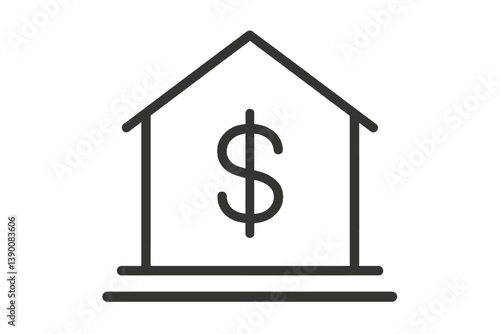 Minimalist line vector icon representing a house with a dollar sign, symbolizing real estate and financial transactions