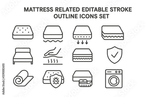 Vector icons depicting various mattress-related concepts and activities including beds, cleaning, and features for comfort