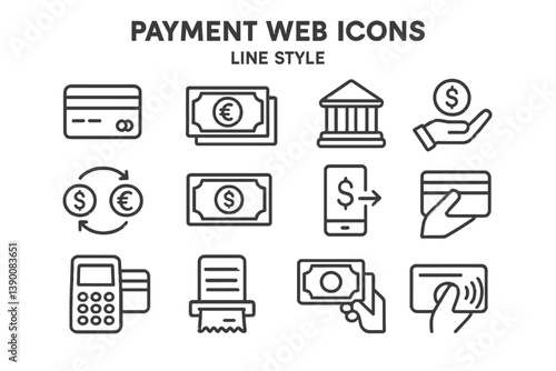 Payment web icons in line vector style showcasing various financial transactions and payment methods