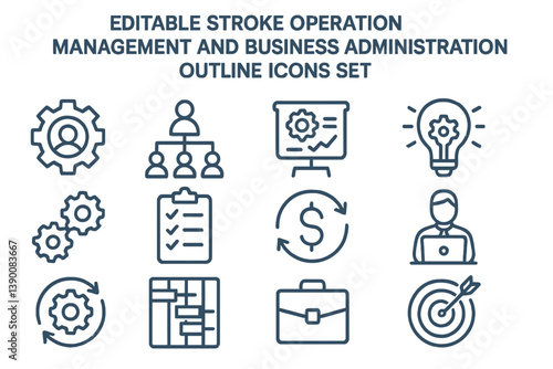 Collection of editable stroke icons for operation management and business administration tasks featuring various elements