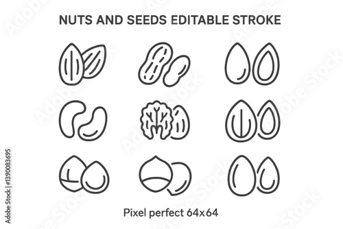 Vector icons of various nuts and seeds designed in a clear line format for use in digital and print media