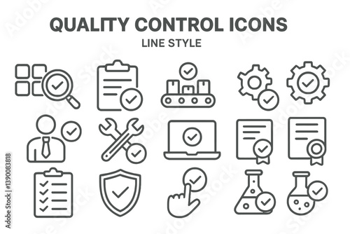 Quality control icons showcasing line vector style for various quality assurance activities and inspections