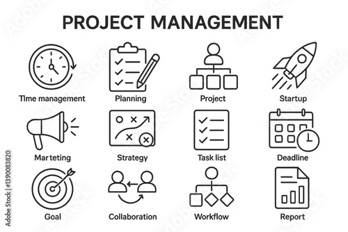 Project management line vector icons depicting various activities related to planning, strategy, and task execution