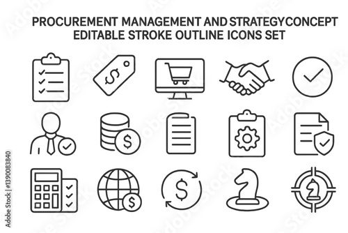 Procurement management and strategy concept with editable stroke outline icons showcasing various related activities and elements