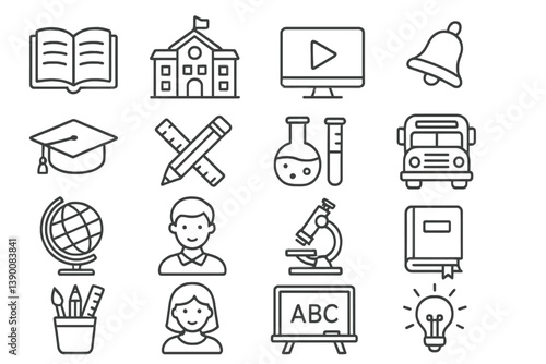 Educational elements represented by line vector icons including books, school, science tools, and students in a classroom setting