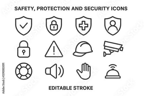 Collection of safety and security line icons showcasing various protection symbols for use in design projects