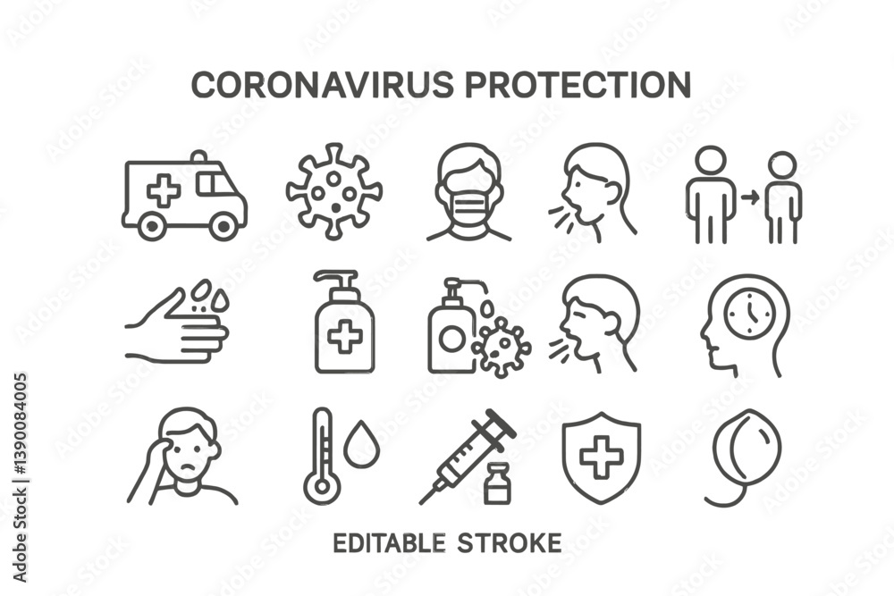 Fototapeta premium Vector icons representing coronavirus protection measures and health practices during a pandemic