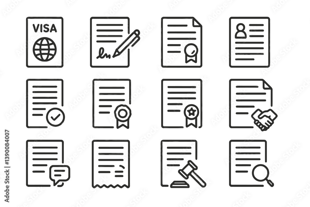 Collection of line vector icons representing various documents, forms, and legal symbols related to administration and verification processes Collection of line vector icons representing various documents, forms, and legal symbols related to administration and verification processes