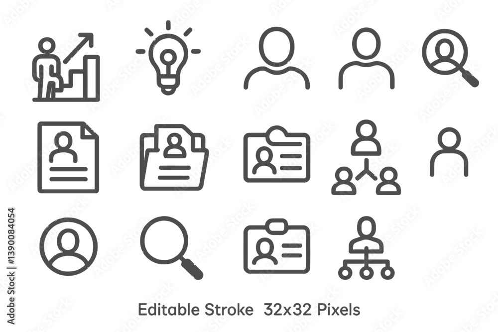 Line vector icons showcasing various professional activities including teamwork, personal identity, and problem-solving concepts in a digital format Line vector icons showcasing various professional activities including teamwork, personal identity, and problem-solving concepts in a digital format