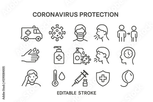 Vector icons representing coronavirus protection measures and health practices during a pandemic