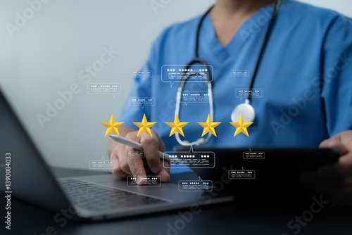Doctor using a laptop and stylus surrounded by five star feedback and digital comment icons. Healthcare quality, user satisfaction and digital feedback systems for modern patient engagement
