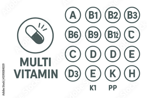 Multi vitamin line vector icon displaying various vitamin labels and a capsule symbol for health