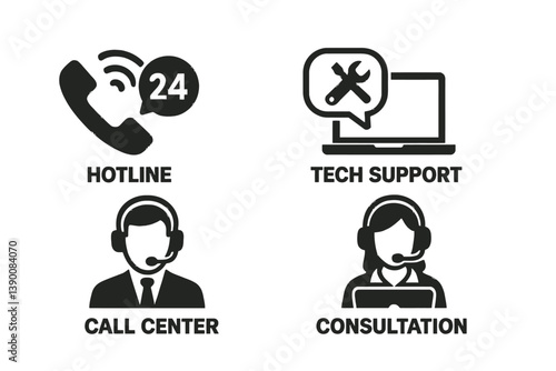 Support icons representing hotline, tech support, call center, and consultation services for immediate assistance