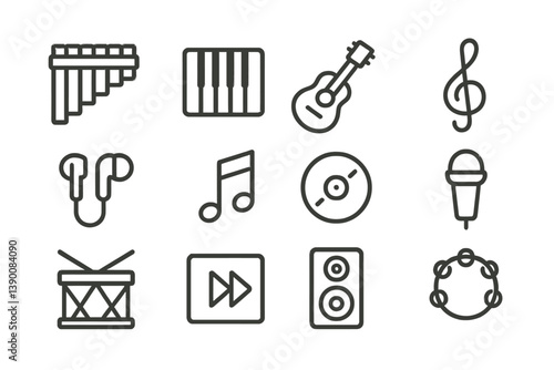 Vector icon set featuring various musical instruments and elements highlighting diverse music themes and activities